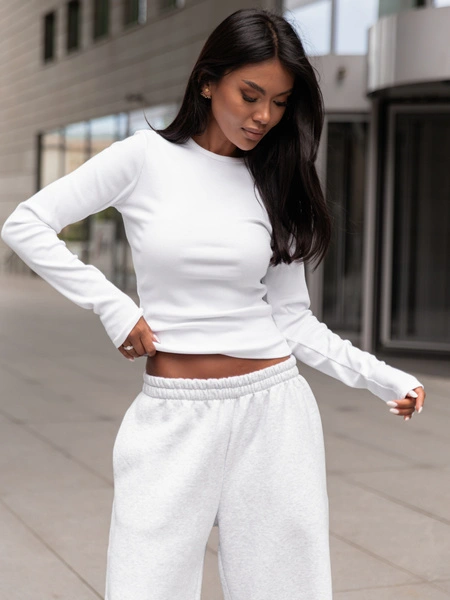 ZESTAW Basic: Bawełniana BLUZKA z prążkowanej dzianiny X355 + Dresowe SPODNIE  z szerokimi nogawkami X31