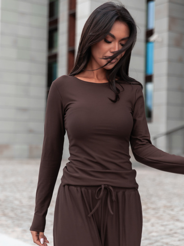 Wiscozowa dopasowana BLUZKA z długim rękawem brązowa X417