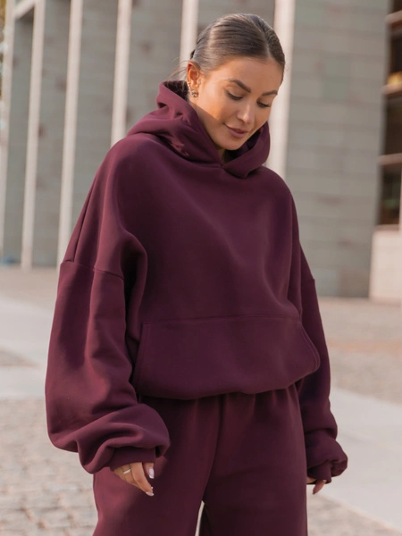 Viralowa Dresowa bawełniana BLUZA z kapturem oversize szeroka deep plum / śliwkowa E644