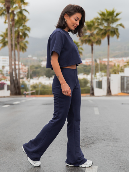 Dresowy bawełniany T-SHIRT z krótkim rękawem oversize navy blue X56 k01