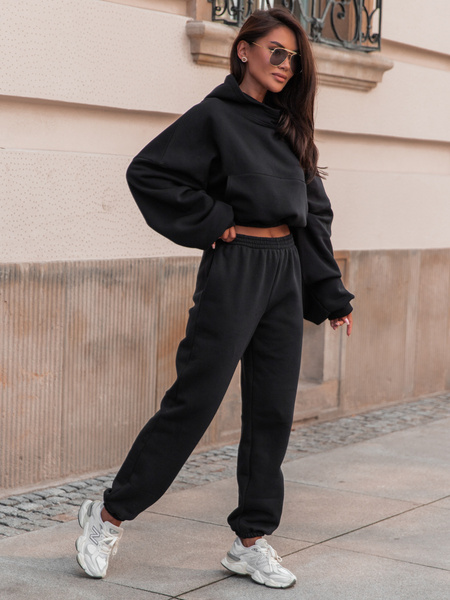 Bawełniana dresowa BLUZA z kapturem kangurka oversize czarna E360 k01