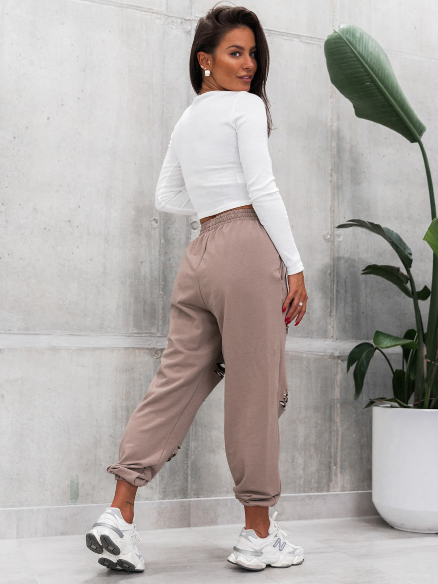 Bawełniane SPODNIE dresowe z dziurami cappuccino D581 k01