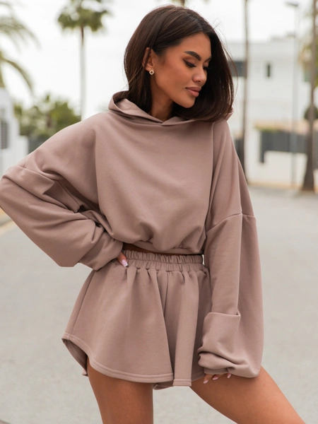 Bawełniane dresowe asymetryczne krótkie SPODENKI szorty mokka X53