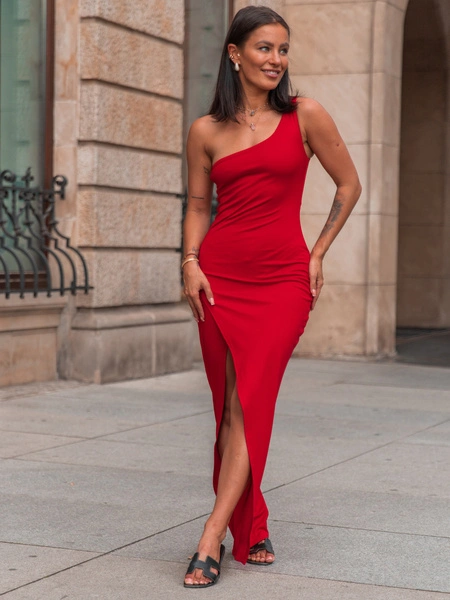 Elegancka SUKIENKA o asymetrycznym kroju na jedno ramię kopertowy dół czerwona E302 k01