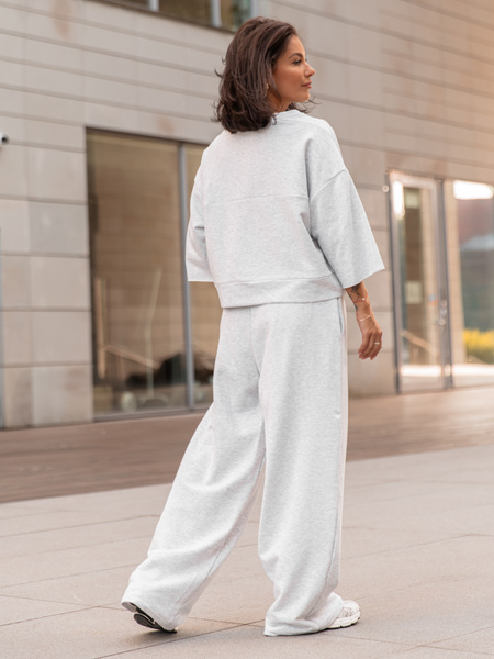Dresowy bawełniany KOMPLET oversizowa bluzka i luźne spodnie z szerokimi nogawkami szary melanż X353