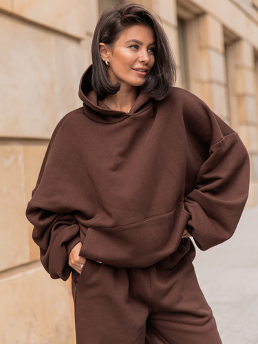 Viralowa Dresowa bawełniana BLUZA z kapturem oversize szeroka brązowa E644