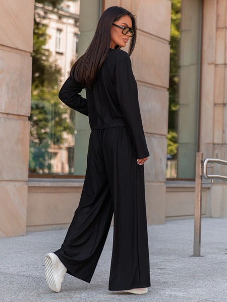 Codzienny komfortowy KOMPLET z wiscozy luźna bluzka z długim rękawem i szerokie spodnie czarny X318