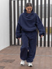 Oversizowy KOMPLET z drapanego bawełnianego dresu bluza z kapturem na stójce kangurka i spodnie szerokie baggy navy blue E1 + E643