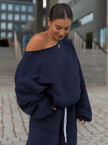 Dresowa bawełniana BLUZA opuszczana na ramiona oversize szeroka navy blue X400