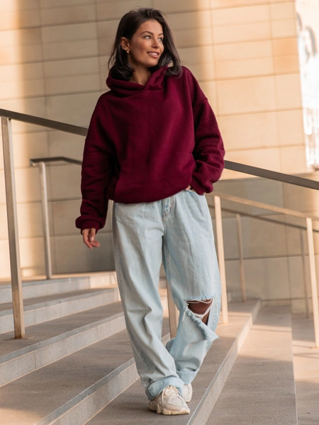 Dresowa bawełniana BLUZA z kapturem kangurka o klasycznym kroju bordowa X350