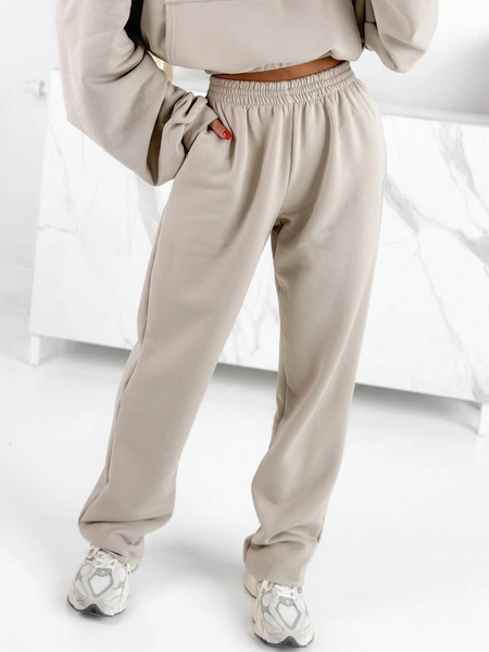 Dresowe bawełniane SPODNIE z wysokim stanem luźny krój stone E359 k01