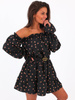 Zwiewna sukienka opuszczana na ramiona czarna w grochy b38 kk01