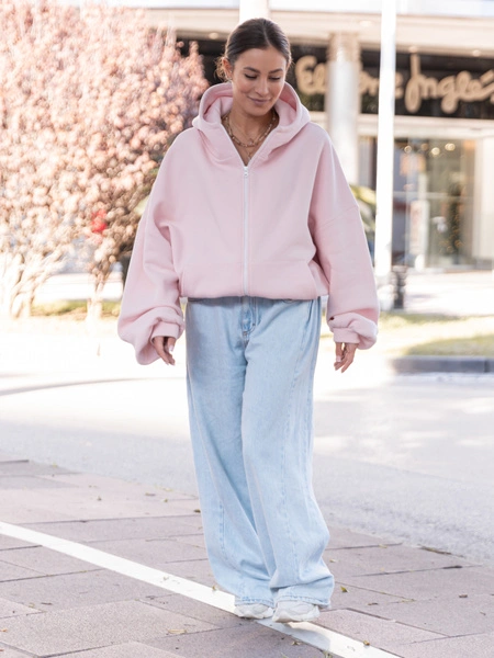 Bawełniana oversizowa BLUZA z kapturem zapinana na zamek z dresu drapanego baby pink X508