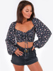 KRÓTKA MARSZCZONA BLUZKA SZEROKIE RĘKAWY czarna w kwiatki B162 k01