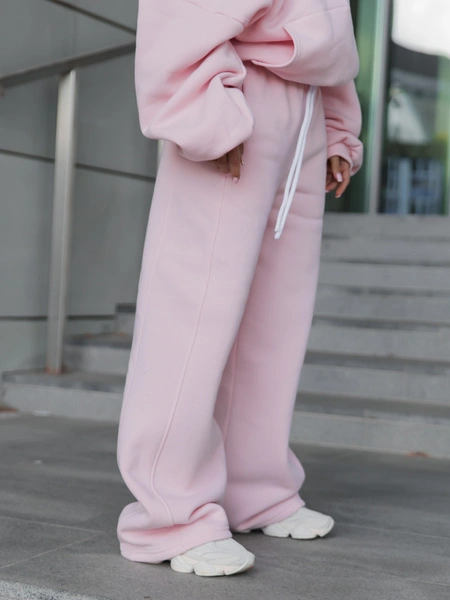 Dresowe bawełniane SPODNIE oversize ze średnim stanem z przeszyciami baby pink X401