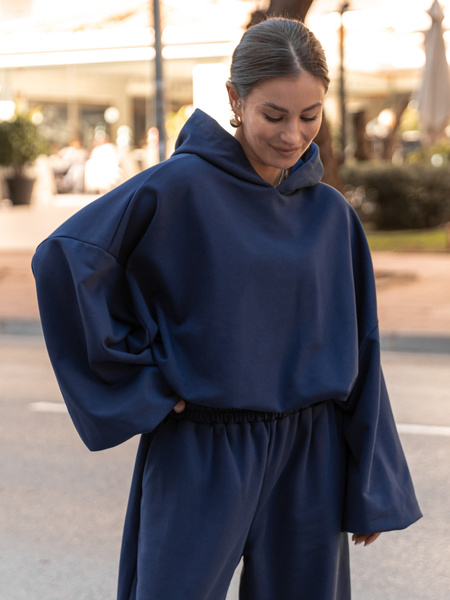 Bawełniana dresowa BLUZA z kapturem oversize z szerokimi rękawami z dresu pętelkowego navy blue X515