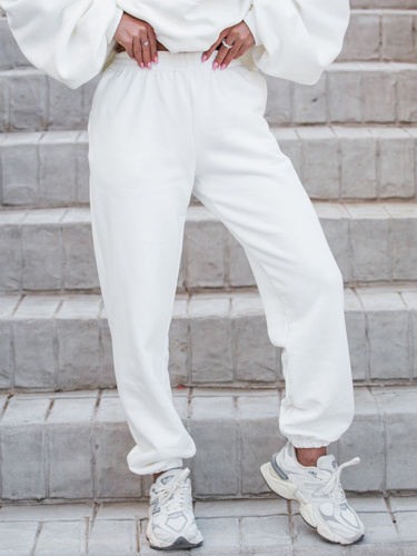 Bawełniane SPODNIE z drapanego dresu z wysokim stanem ze ściągaczem ecru E2 k01