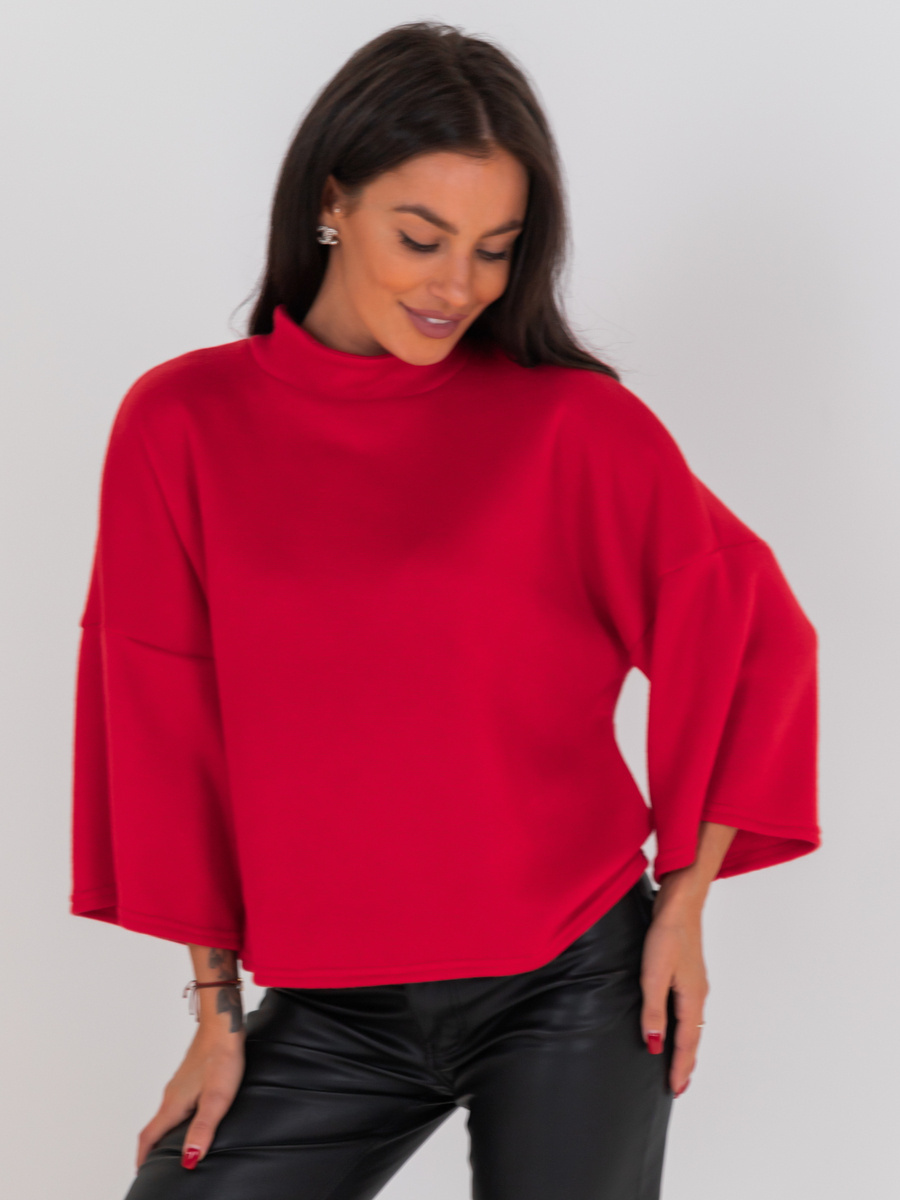 Luźny SWETER z krótszym rękawem o prostym kroju czerwony E513 k01