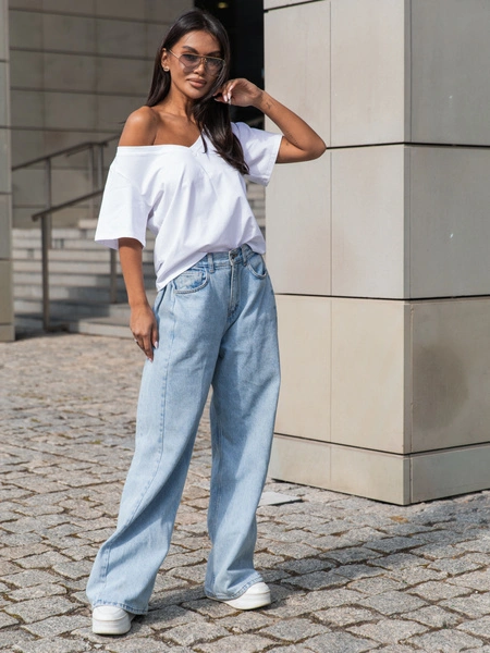 Bawełniany T-SHIRT bluzka z krótkim rękawem z dekoltem V biała X404