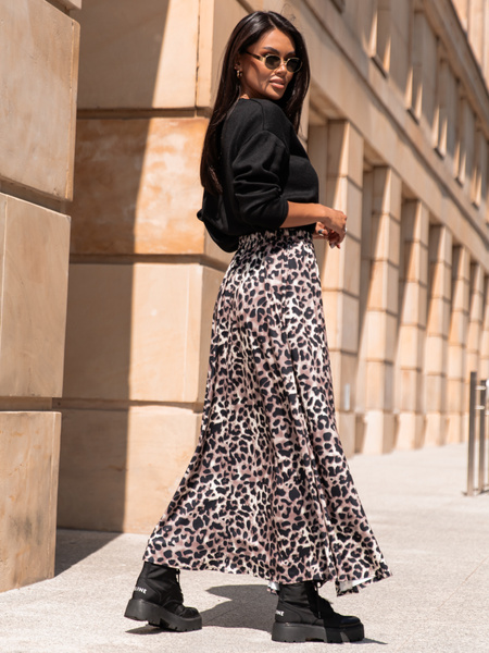 Rozkloszowana maxi SPÓDNICA z rozporkami po bokach panterka X311