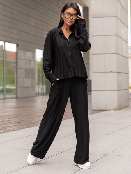 Wiskozowy codzienny KOMPLET lużna bluzka o kroju koszuli i luźne spodnie czarny X357