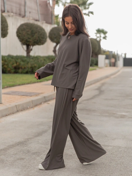 Luźny codzienny KOMPLET z wiscozy oversizowy t-shirt i luźne spodnie dark mokka X475