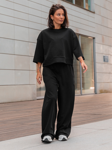 Dresowy bawełniany KOMPLET oversizowa bluzka i luźne spodnie z szerokimi nogawkami czarny X353