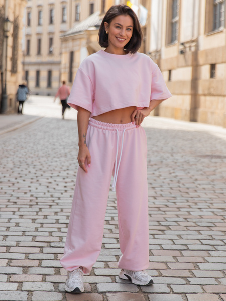 Luźne SPODNIE baggy ze sznurkiem z bawełnianej dresówki niedrapanej od wewnątrz baby pink X217