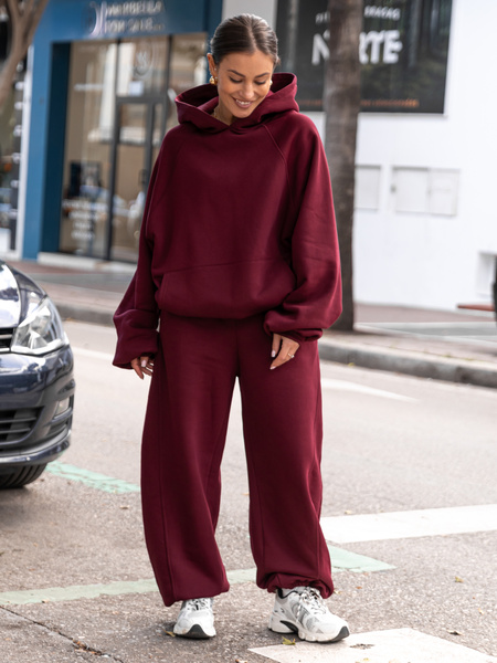 Dresowa bawełniana BLUZA z kapturem oversize z raglanowymi rękawami bordowa X509