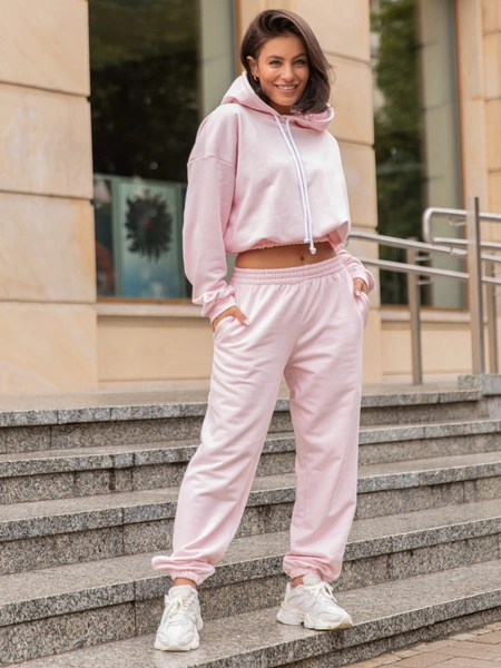 Dresowy bawełniany KOMPLET bluza kangurka z kapturem i spodnie klasyczny krój baby pink X305 k01