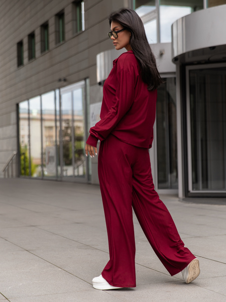 Wiskozowy codzienny KOMPLET lużna bluzka o kroju koszuli i luźne spodnie bordowy X357