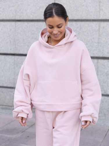 Oversizowa bawełniana BLUZA kangurka z kapturem z prostym ściągaczem z dresu drapanego baby pink X511