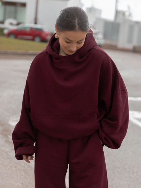 Viralowa Bawełniana BLUZA z drapanego dresu z kapturem na stójce z kieszeniami kangurka bordowa E1