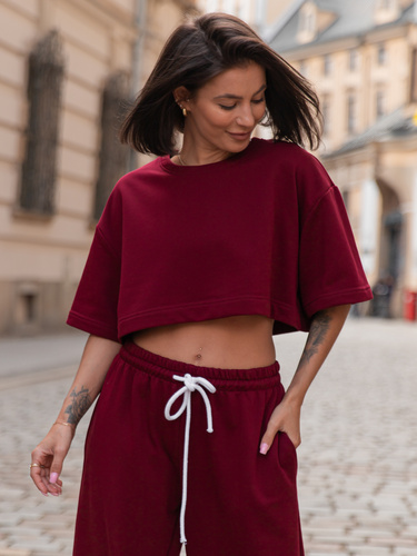 Bawełniany dresowy luźny szeroki T-SHIRT z krótkim rękawem bordowy X216 k01