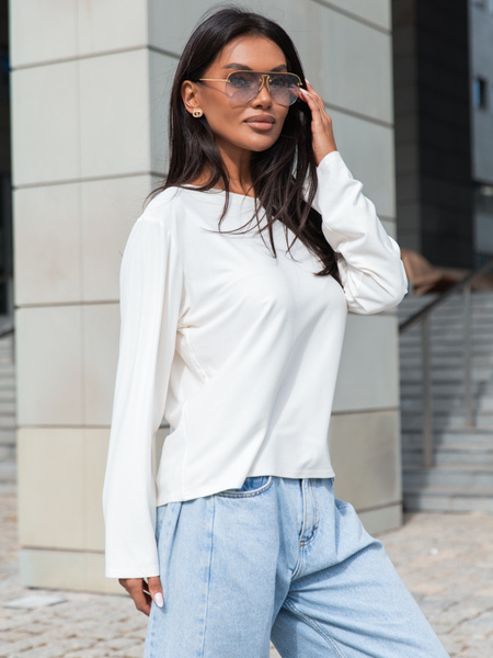 Wiscozowy luźny szeroki T-SHIRT z długim rękawem ecru X415