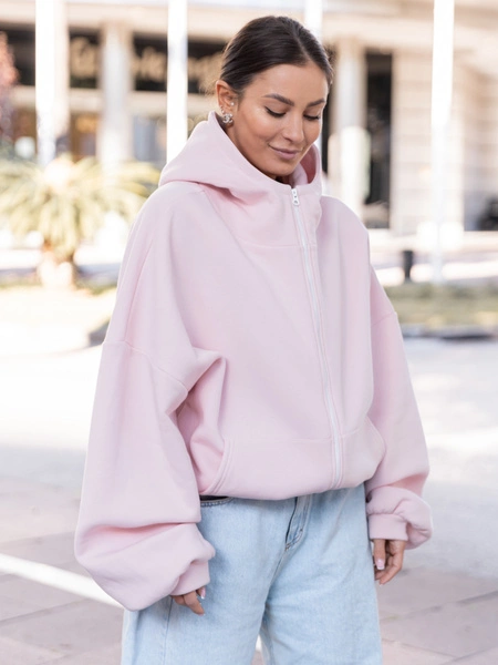 Bawełniana oversizowa BLUZA z kapturem zapinana na zamek z dresu drapanego baby pink X508