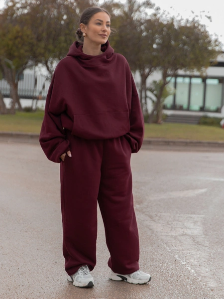 Dresowe bawełniane SPODNIE baggy bordowe E643