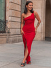Elegancka SUKIENKA o asymetrycznym kroju na jedno ramię kopertowy dół czerwona E302 k01