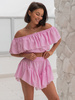 KOMPLET bluzka hiszpanka z odkrytymi ramionami i asymetryczne spódnico spodenki ze zwiewnej tkaniny w kratkę baby pink X209 k01