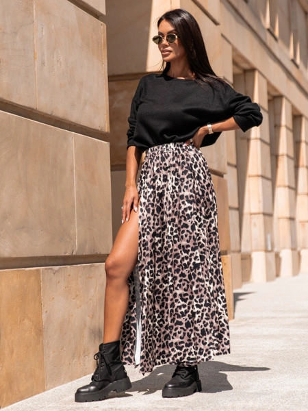 Rozkloszowana maxi SPÓDNICA z rozporkami po bokach panterka X311