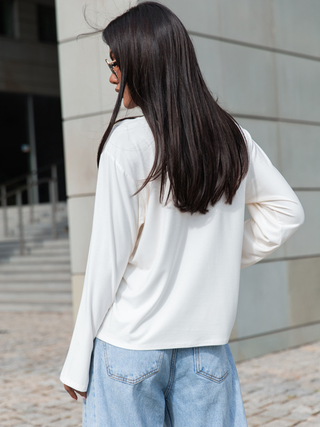 Wiscozowy luźny szeroki T-SHIRT z długim rękawem ecru X415