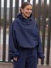 Viralowa Bawełniana BLUZA z drapanego dresu z kapturem na stójce z kieszeniami kangurka navy blue E1