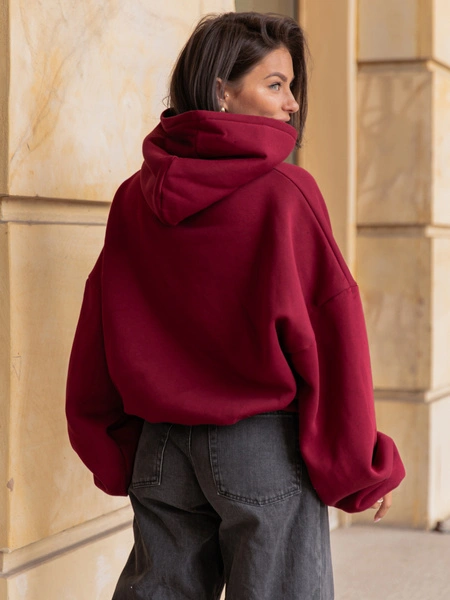 Viralowa Dresowa bawełniana BLUZA z kapturem oversize szeroka bordowa E644
