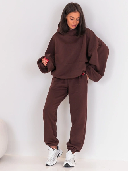 Dresowe bawełniane SPODNIE z wysokim stanem luźny krój ze ściągaczami brązowe E341