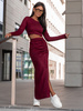 Swetrowy KOMPLET dopasowana bluzka i drapowana spódnica maxi bordowy X358