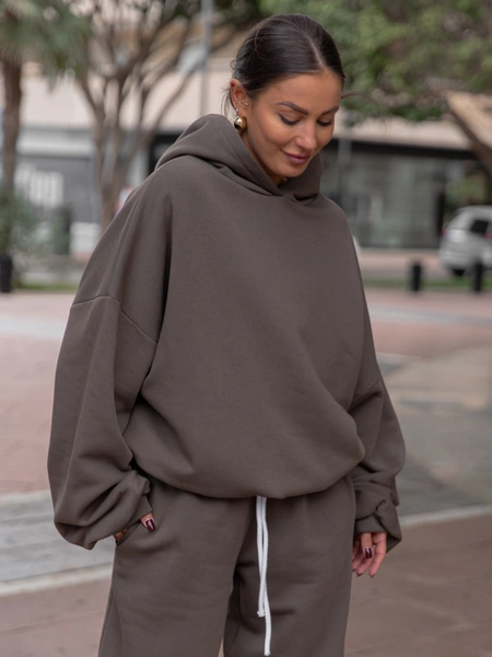 Oversizowa bawełniana BLUZA z dresu drapanego z kapturem dark mokka X478