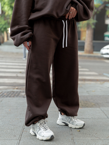 Dresowe bawełniane SPODNIE baggy niski stan dark chocolate X403