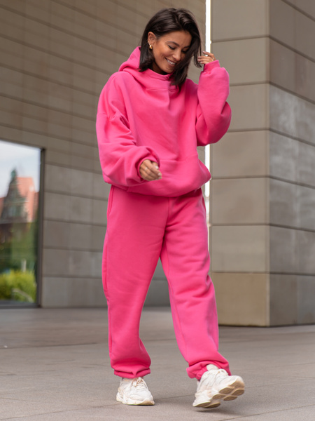 Viralowa Bawełniana BLUZA z drapanego dresu z kapturem na stójce z kieszeniami kangurka różowa E1