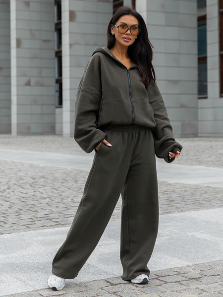 Oversizowa BLUZA z kapturem zapinana na zamek bluzowana kangurka z bawełnianej dresówki dark khaki X1