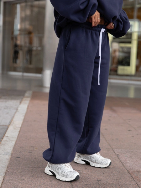 Dresowe bawełniane SPODNIE baggy niski stan navy blue X403